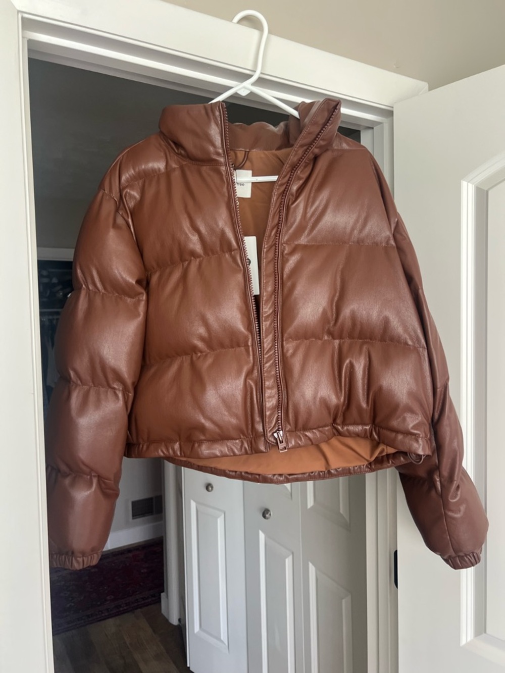 Wilfred Brown Faux-Leather Cropped Puffer Jacket